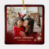 Modern Rood 2 foto's Familie Kerstmis Keramisch Ornament (Voorkant)