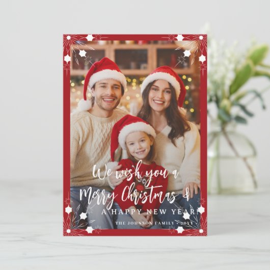 Modern rood 5 fotocollage Vrolijk kerstfeest Feestdagenkaart (Staand voorkant)