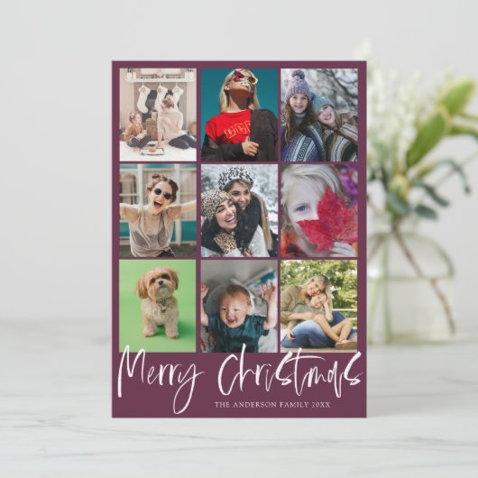 Modern Rood 9 Foto Vrolijk Kerstmis Bauble Patroon Feestdagenkaart (Staand voorkant)