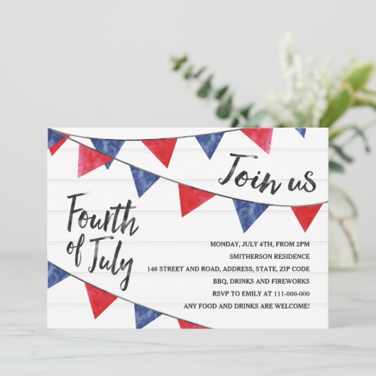 Modern rood blauw bunting vlaggen hout 4th of July Kaart (Staand voorkant)