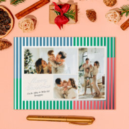 Modern Rood Blauw en Groen Gestreept 3 Foto Folie Feestdagenkaart