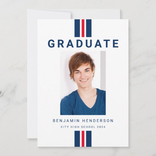 Modern Rood Blauw Foto Afstuderen Aankondiging (Voorkant)
