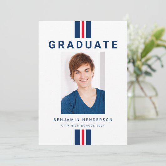 Modern Rood Blauw Foto Afstuderen Aankondiging (Staand voorkant)