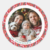 Modern Rood & Blauwgroen Botpatroon Hond Familiefo Ronde Sticker (Voorkant)