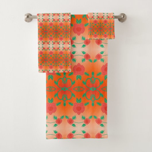 Modern Rood Bloemendeken Set Bad Handdoek (Insitu)