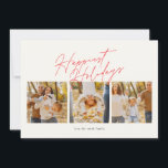 Modern Rood Eenvoudig 4 foto Collage Happy Feestdagenkaart<br><div class="desc">modern eenvoudig 4 foto collage script happy Holiday Kaart. Deze elegante kaart bevat een fotocollage van 3 foto's aan de voorkant en 1 aan de achterkant met aangepaste tekst en achtergrond.</div>