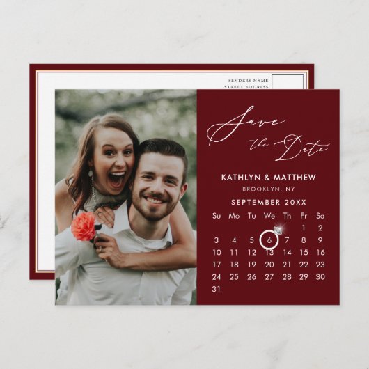 Modern Rood Elegant Script Photo Save the Date Aankondigingskaart (Voorkant / Achterkant)