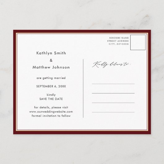 Modern Rood Elegant Script Photo Save the Date Aankondigingskaart (Achterkant)