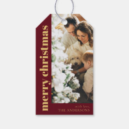 Modern rood Elegant Vrolijk Kerstfeest Familie Fot Cadeaulabel