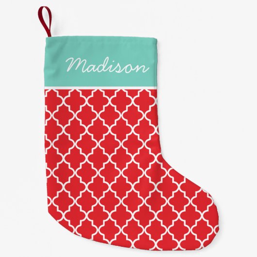 Modern rood en Aqua Quatrefoil Monogram Kleine Kerstsok (Voorkant)