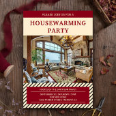 Modern rood en beige Housewarming Party Foto Kaart