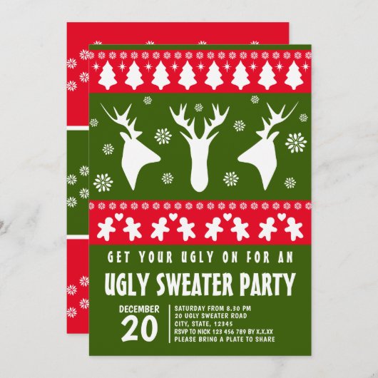 Modern Rood en Groen Rendier Lelijke Trui Party Kaart (Voorkant / Achterkant)