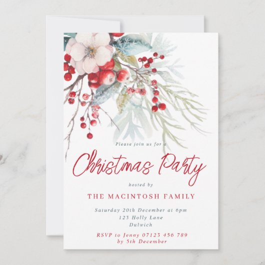Modern rood en groen wintergebladerte kerstfeest kaart (Voorkant)