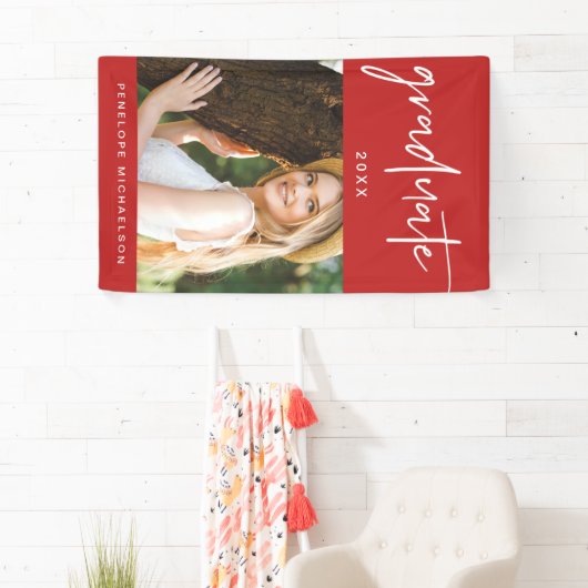 Modern rood en wit Afstuderen Script Foto Spandoek (Insitu)