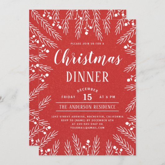 Modern Rood en Wit Bloemen Kerstdiner Kaart (Voorkant / Achterkant)