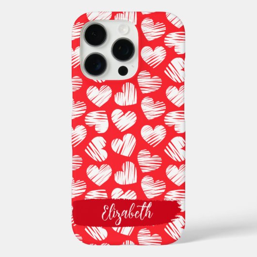 Modern Rood en Wit Doodled Heart Valentijn Naam Case-Mate iPhone Case (Achterkant)