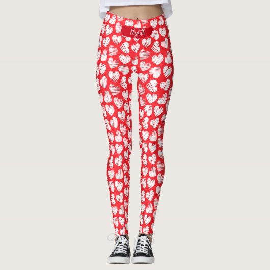 Modern Rood en Wit Doodled Heart Valentijn Naam Leggings (Voorkant)