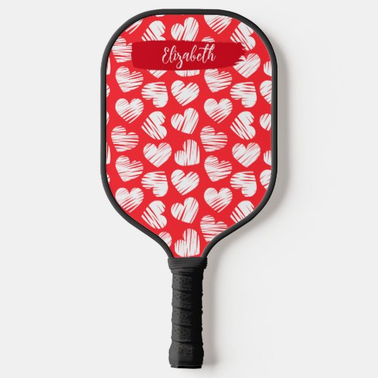 Modern Rood en Wit Doodled Heart Valentijn Naam Pickleball Paddle (Achterkant)