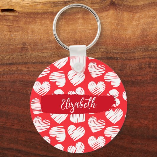 Modern Rood en Wit Doodled Heart Valentijn Naam Sleutelhanger (Voorkant)