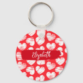Modern Rood en Wit Doodled Heart Valentijn Naam Sleutelhanger (Achterkant)