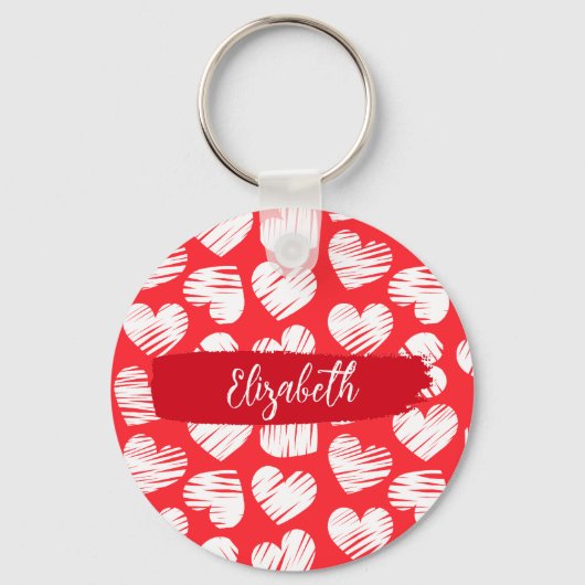Modern Rood en Wit Doodled Heart Valentijn Naam Sleutelhanger (Achterkant)