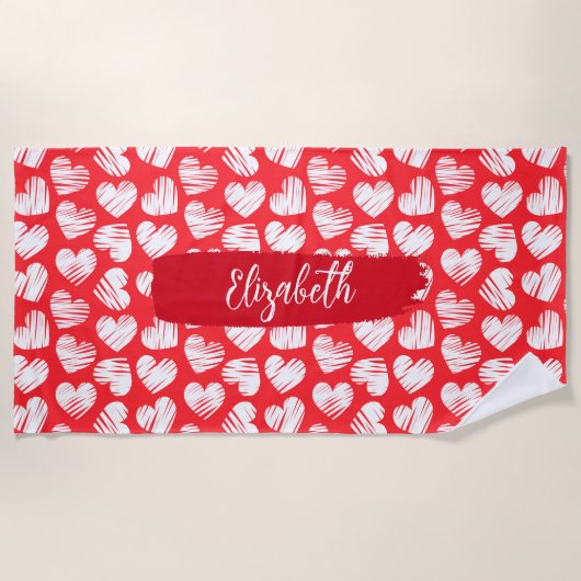 Modern Rood en Wit Doodled Heart Valentijn Naam Strandlaken (Voorkant)