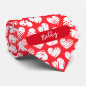 Modern Rood en Wit Doodled Heart Valentijn Naam Stropdas (Opgerold)