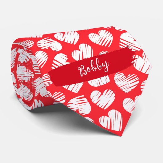 Modern Rood en Wit Doodled Heart Valentijn Naam Stropdas (Opgerold)