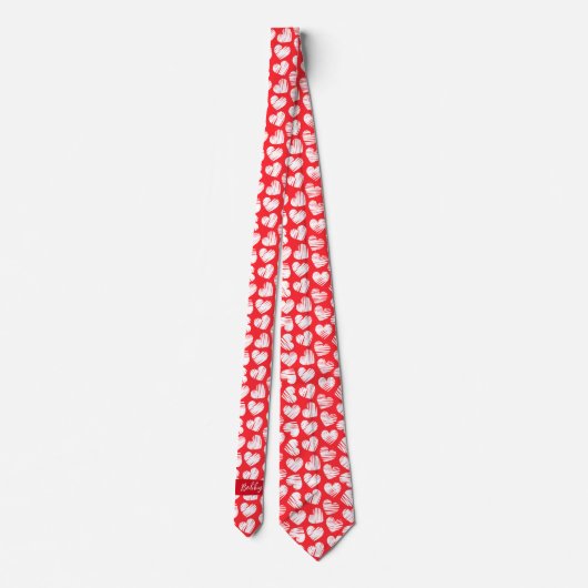 Modern Rood en Wit Doodled Heart Valentijn Naam Stropdas (Achterkant)