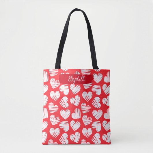 Modern Rood en Wit Doodled Heart Valentijn Naam Tote Bag (Voorkant)