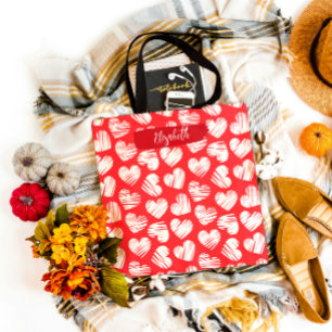 Modern Rood en Wit Doodled Heart Valentijn Naam Tote Bag