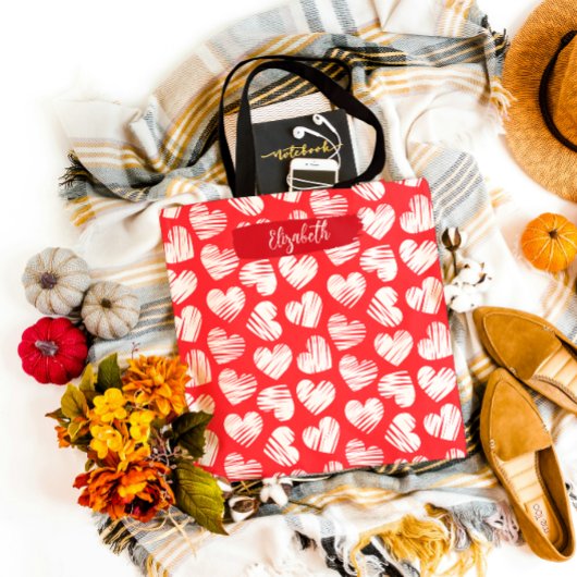 Modern Rood en Wit Doodled Heart Valentijn Naam Tote Bag
