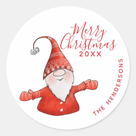 Modern Rood en Wit Fun Gnome Vrolijk Kerstfeest Ronde Sticker (Voorkant)