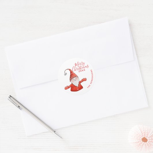 Modern Rood en Wit Fun Gnome Vrolijk Kerstfeest Ronde Sticker (Envelop)
