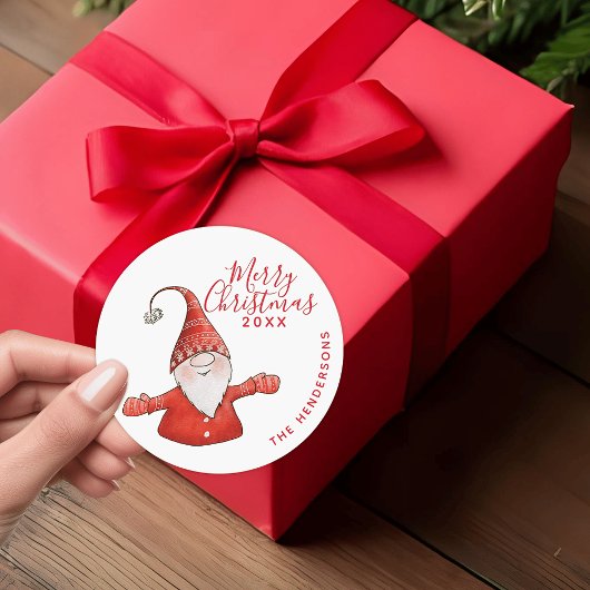 Modern Rood en Wit Fun Gnome Vrolijk Kerstfeest Ronde Sticker