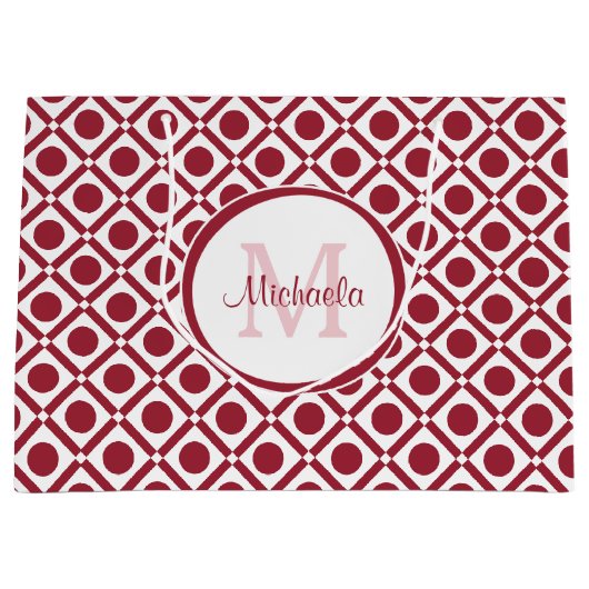 Modern rood en wit geometrisch monogram en naam large cadeautasje (Voorkant)