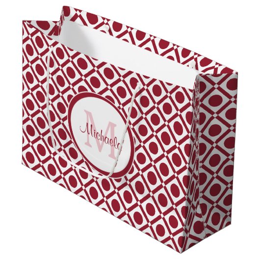 Modern rood en wit geometrisch monogram en naam large cadeautasje (Voorkant Gekanteld)