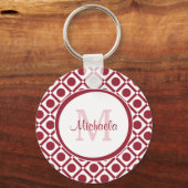 Modern rood en wit geometrisch monogram en naam sleutelhanger (Voorkant)