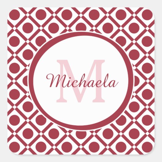 Modern rood en wit geometrisch monogram en naam vierkante sticker (Voorkant)