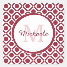 Modern rood en wit geometrisch monogram en naam vierkante sticker