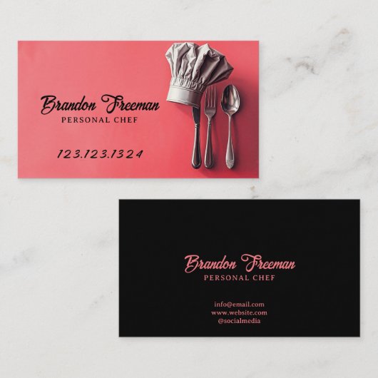 Modern rood en zwart Chef Pet en zilverwerk Visitekaartje (Voorkant / Achterkant)