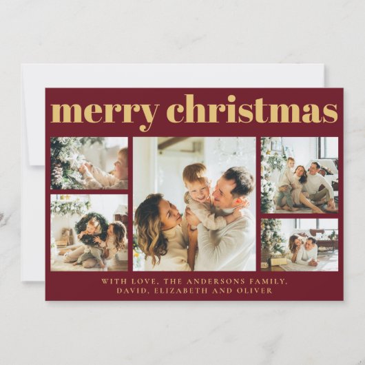 Modern Rood | Familiefoto Collage Kerstmis Feestdagenkaart (Voorkant)