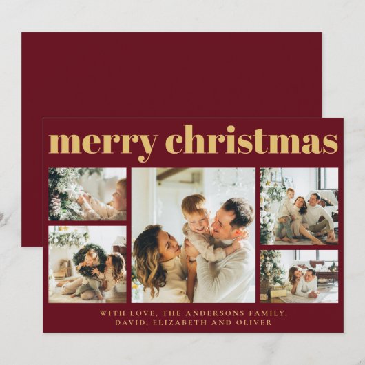 Modern Rood | Familiefoto Collage Kerstmis Feestdagenkaart (Voorkant / Achterkant)