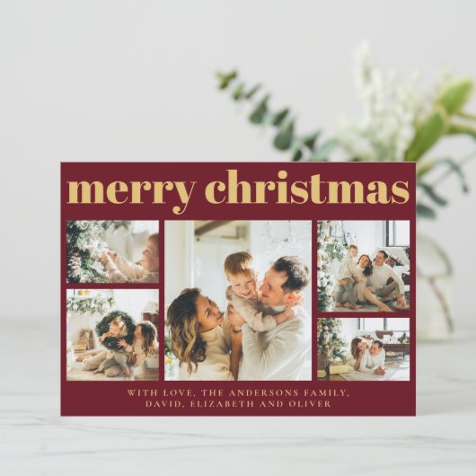 Modern Rood | Familiefoto Collage Kerstmis Feestdagenkaart (Staand voorkant)