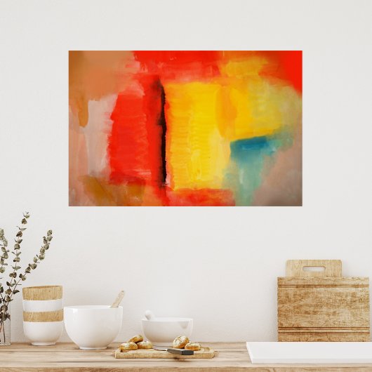 Modern rood geel Abstract verfart Poster (Keuken)