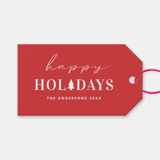 Modern Rood Gelukkig Feest | Minimalistische Kerst Cadeaulabel (Voorkant (Horizontaal))