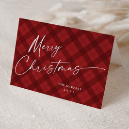 Modern Rood Geruit Elegant Script Kerstmis Feestdagen Kaart