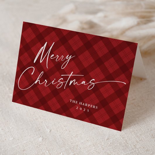Modern Rood Geruit Elegant Script Kerstmis Feestdagen Kaart