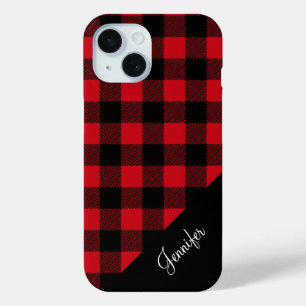 Modern rood geruite check patroonnaam iPhone 15 case