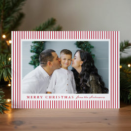 Modern Rood Gestreepte Prettig Kerst 2 Foto Feestdagenkaart